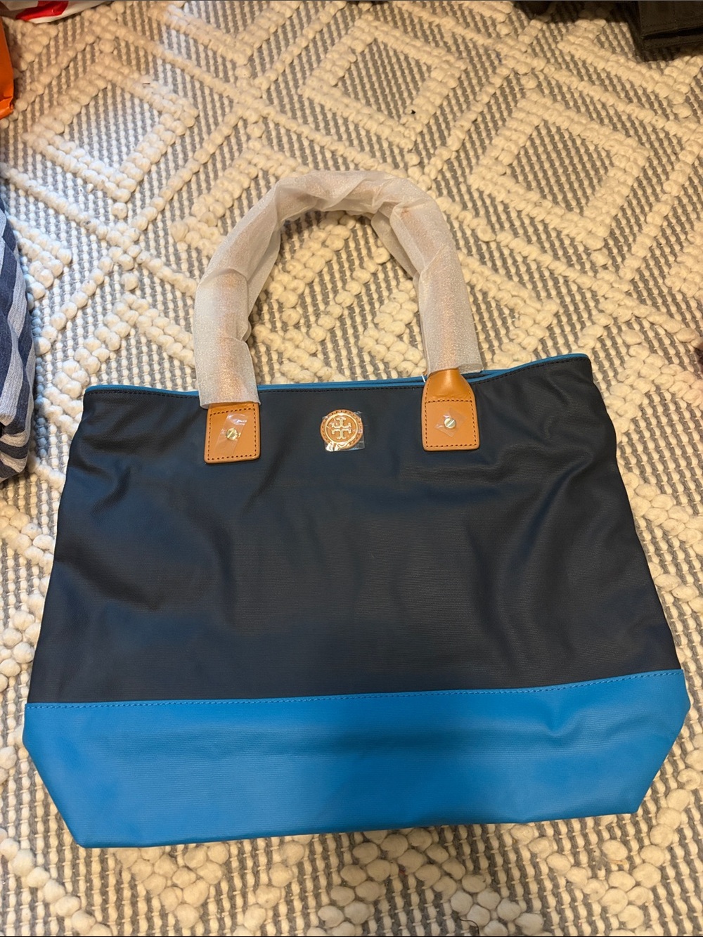 Tory Burch Navy and Bright Blue Colorblock Tote with Tan Handles